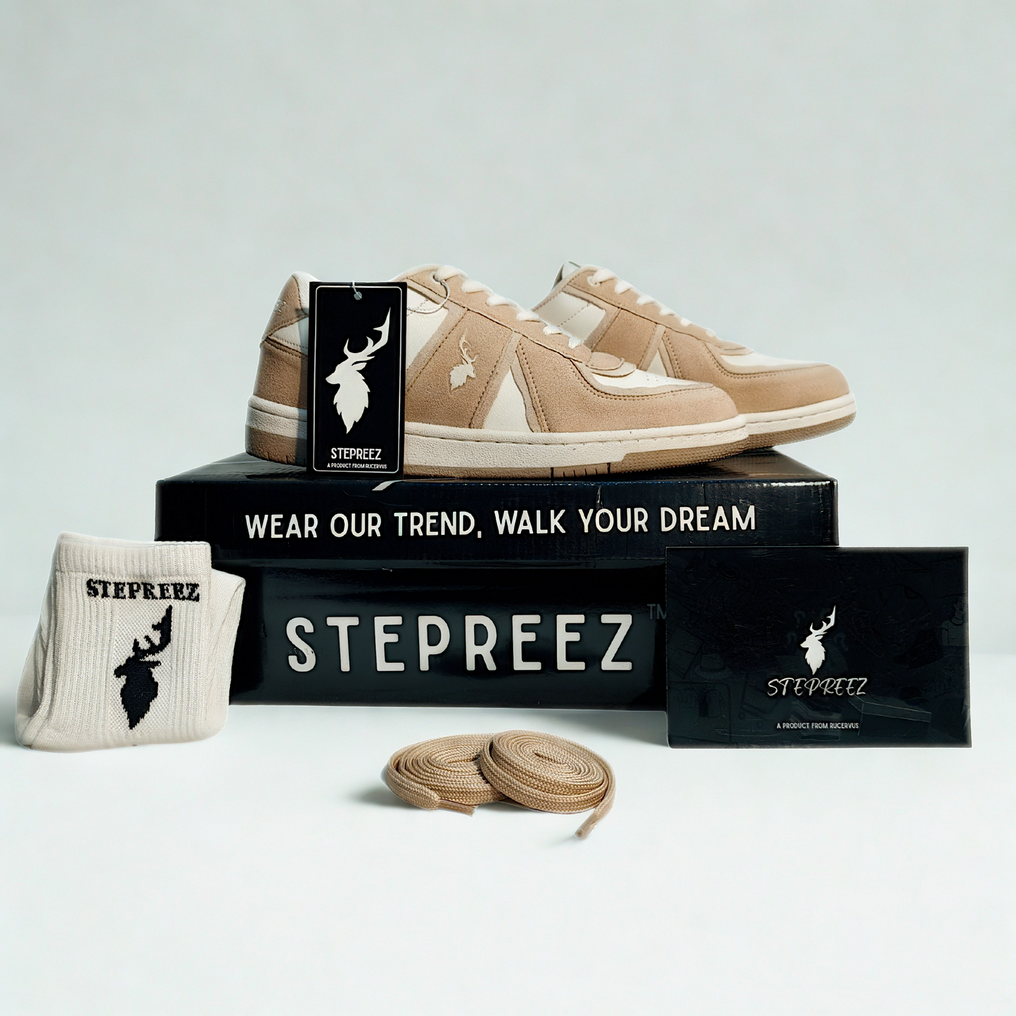 sneakers unboxing, beige and white casual shoes with branded box, extra laces, premium socks, and packaging