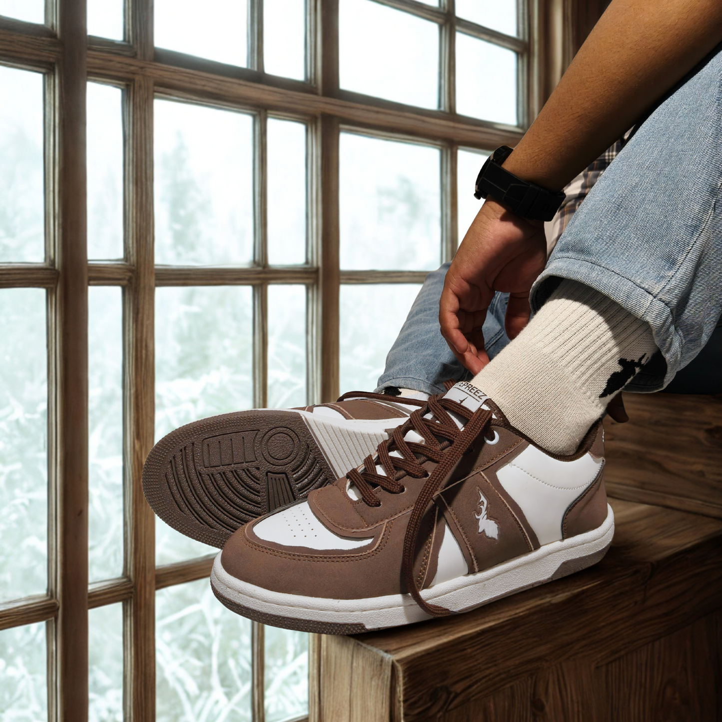 Person wearing brown and white low-top casual shoes paired with jeans for a relaxed everyday look