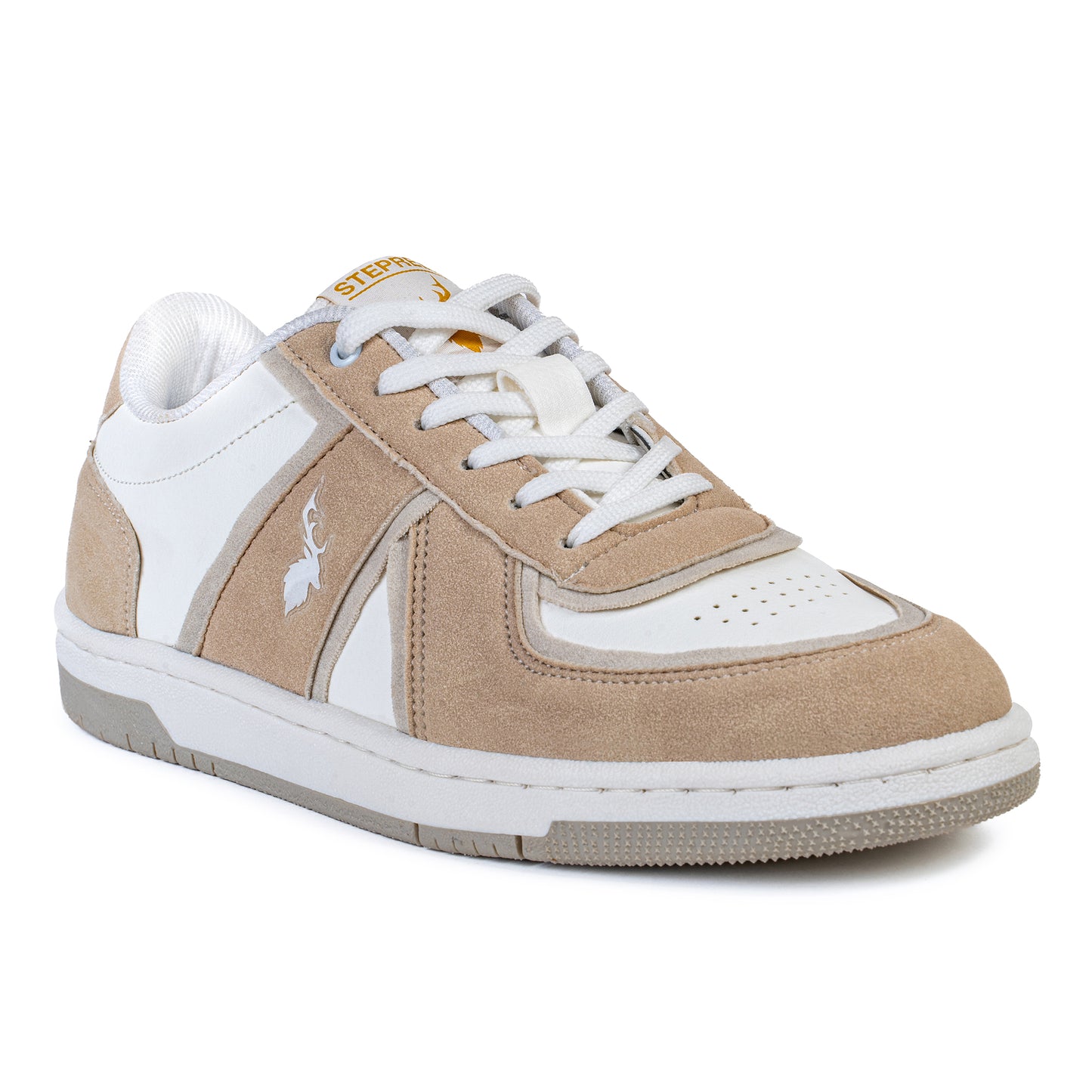 Side view of men’s beige suede and white leather casual footwear with cushioned sole. 