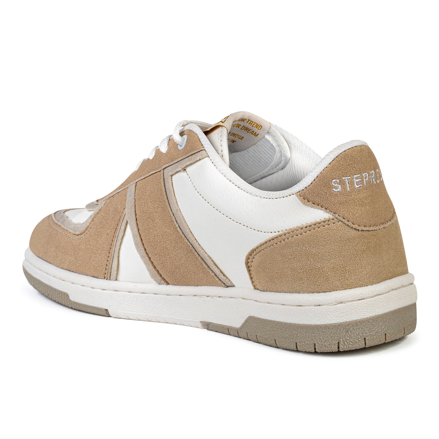 Close-up of sneaker toe premium beige suede, breathable white upper, and durable sole design for all-day comfort