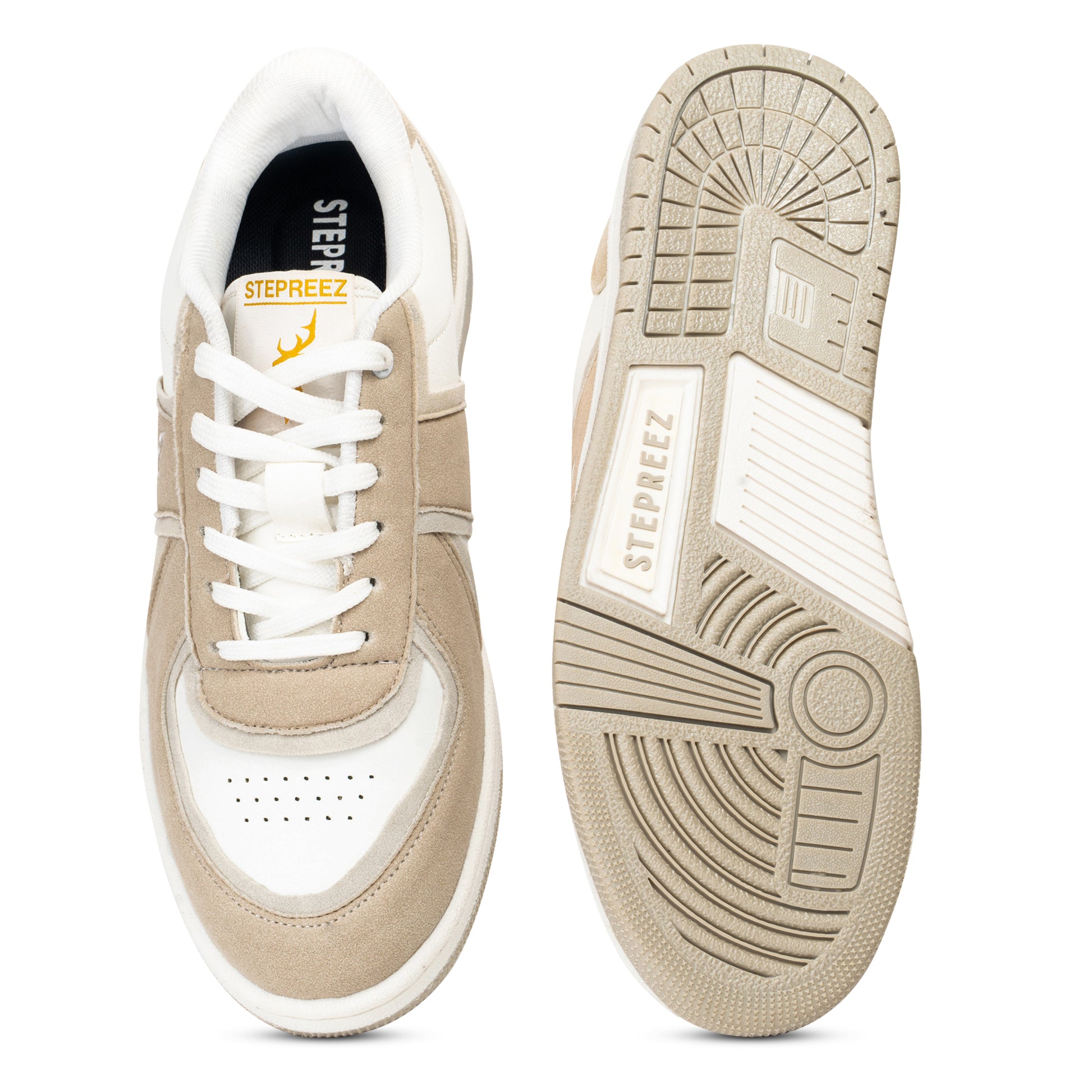 Top and sole view of sneakers – beige and white low-top shoes with premium suede upper, branded rubber outsole, and lace-up design for men