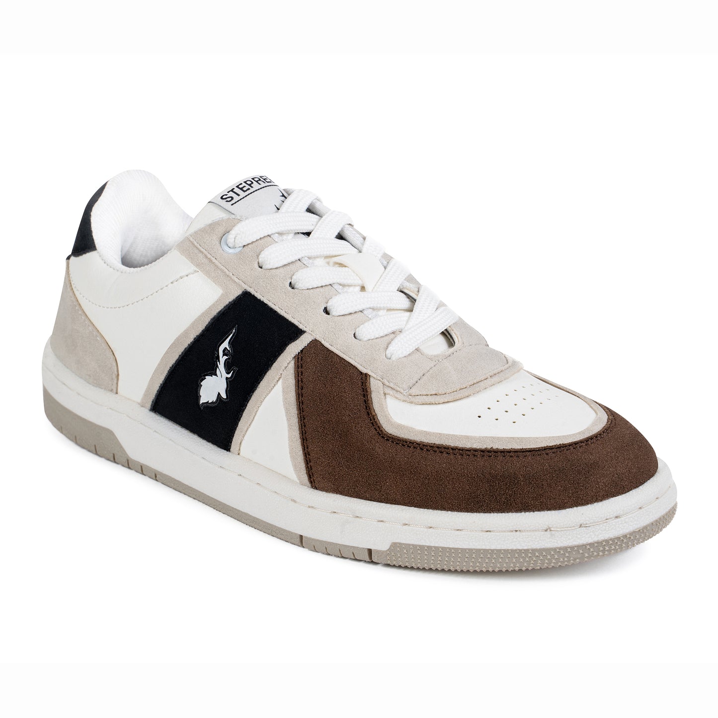 Angle shot of color-blocked everyday sneakers with soft suede overlays and minimalist silhouette