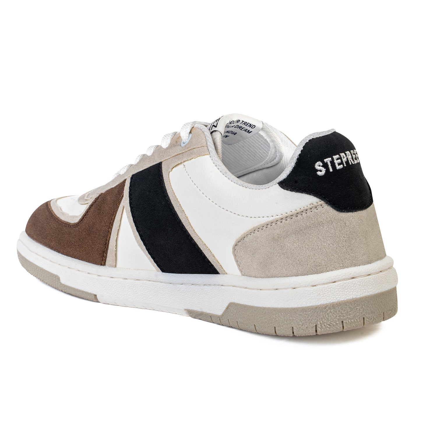 Rear angle of modern streetwear shoes with neutral tones, black suede panel, and cushioned sole
