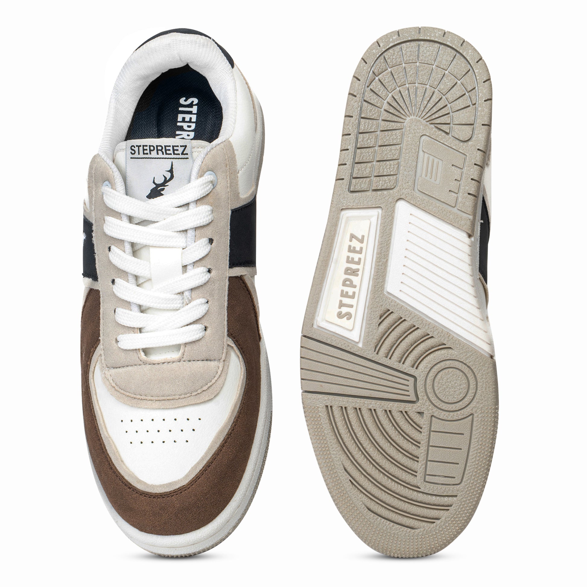 Top and outsole view of everyday sneakers showing rubber tread grip, branded sole, and padded interior