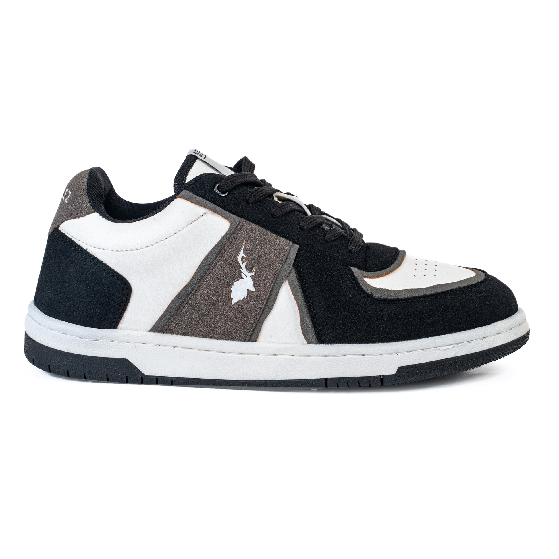 Side profile of Monochrome sneakers.  black suede and white leather with grey suede panel and stitched logo design