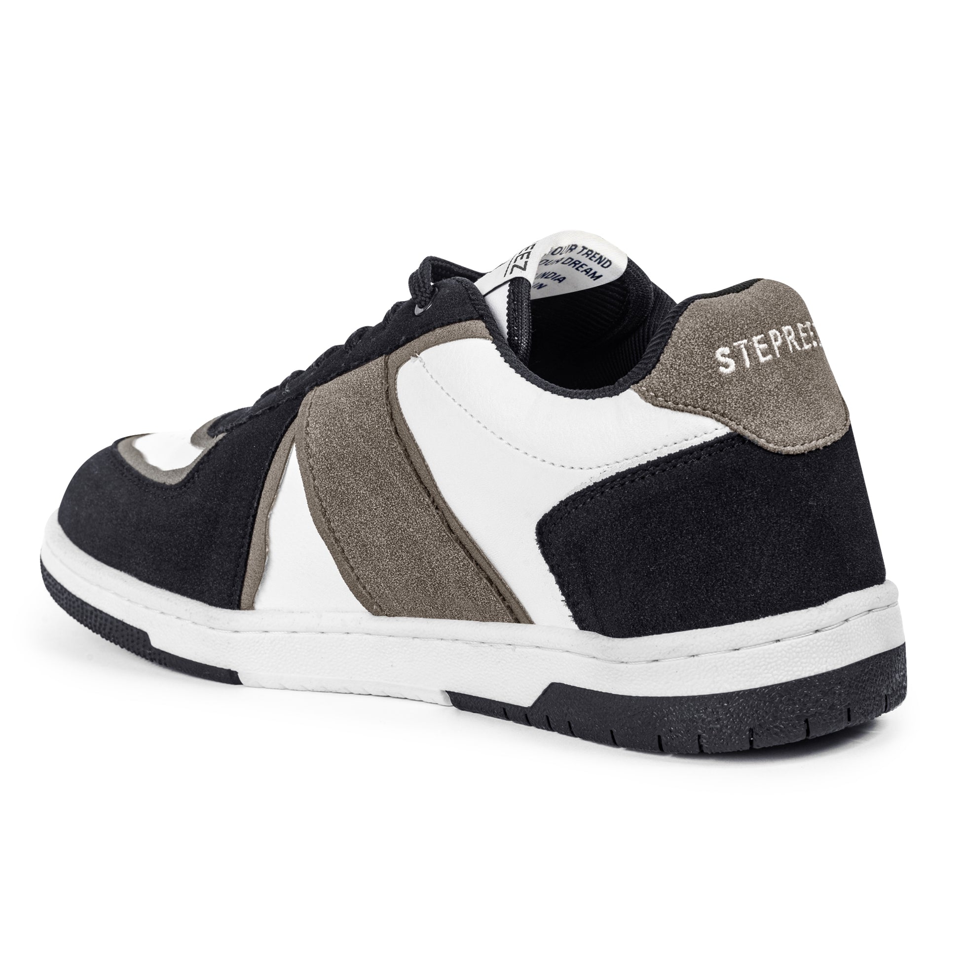 Close-up of right Mocha Mist sneaker – color-blocked design in black, white, and mocha with logo detail