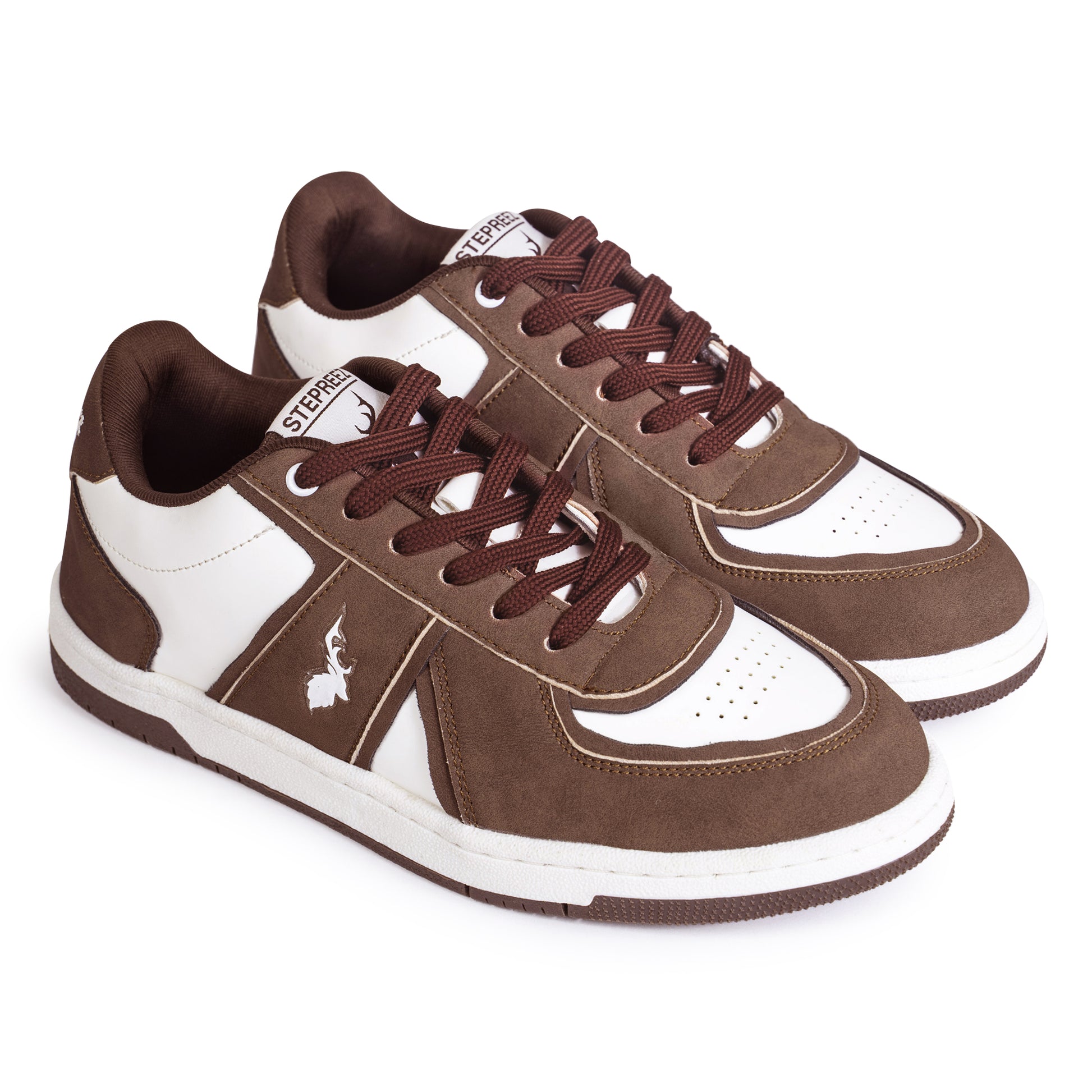 Brown and white low-top casual shoes with suede overlays, perforated toe box, and dark brown laces