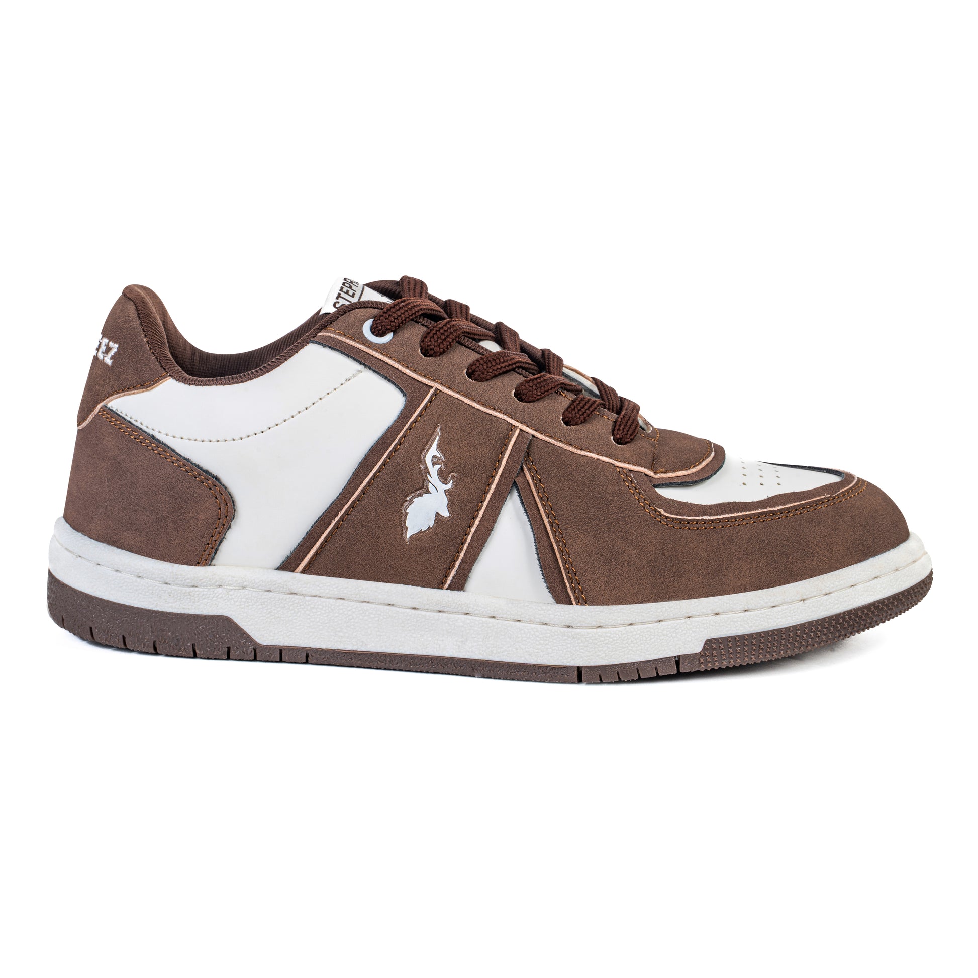 Side view of brown suede and white leather casual sneakers with contrast heel and minimalist design