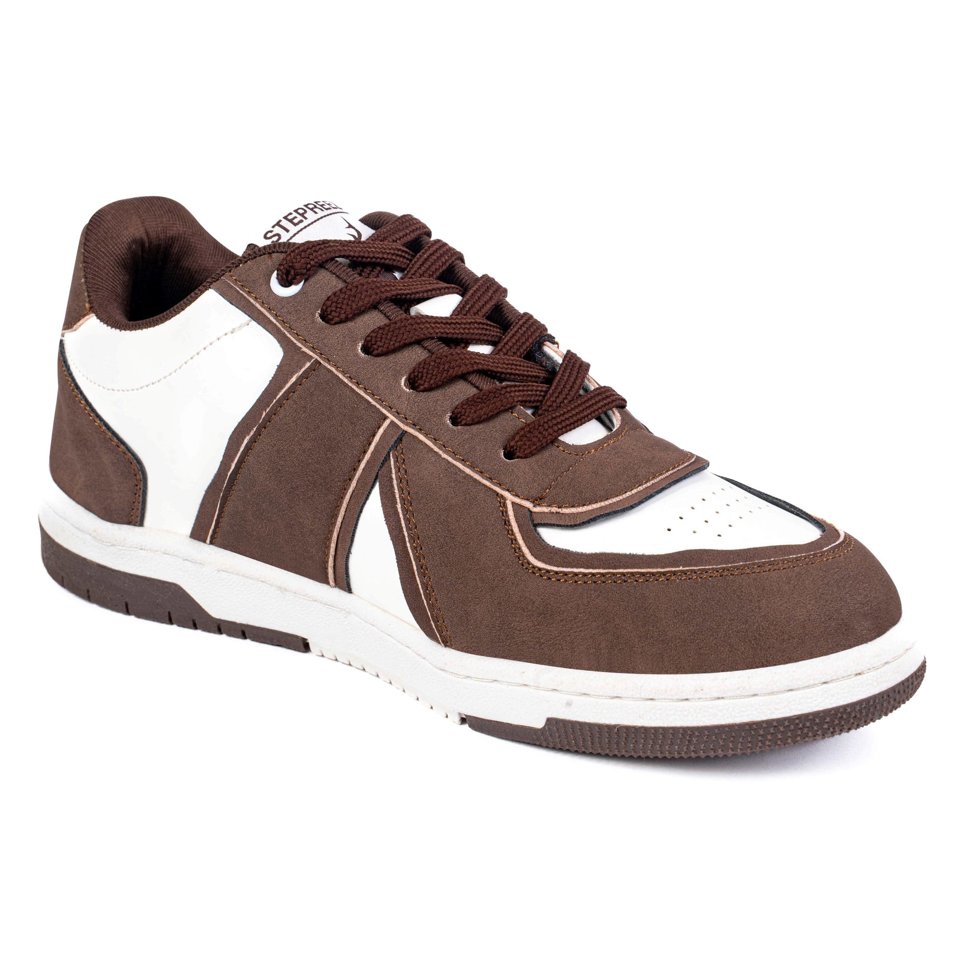 Front angle of brown toned and white streetwear shoes featuring soft suede and leather mix