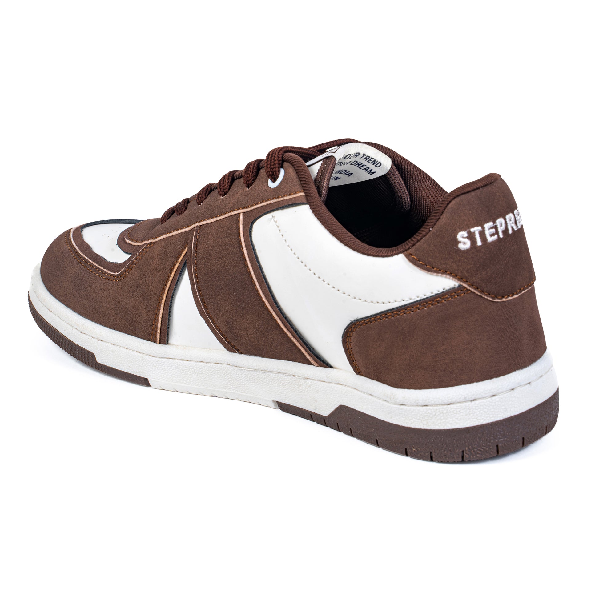 Rear-side view of stylish brown casual sneakers with logo detail and black-brown sole contrast