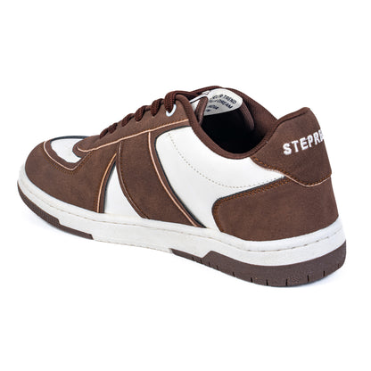 Rear-side view of stylish brown casual sneakers with logo detail and black-brown sole contrast