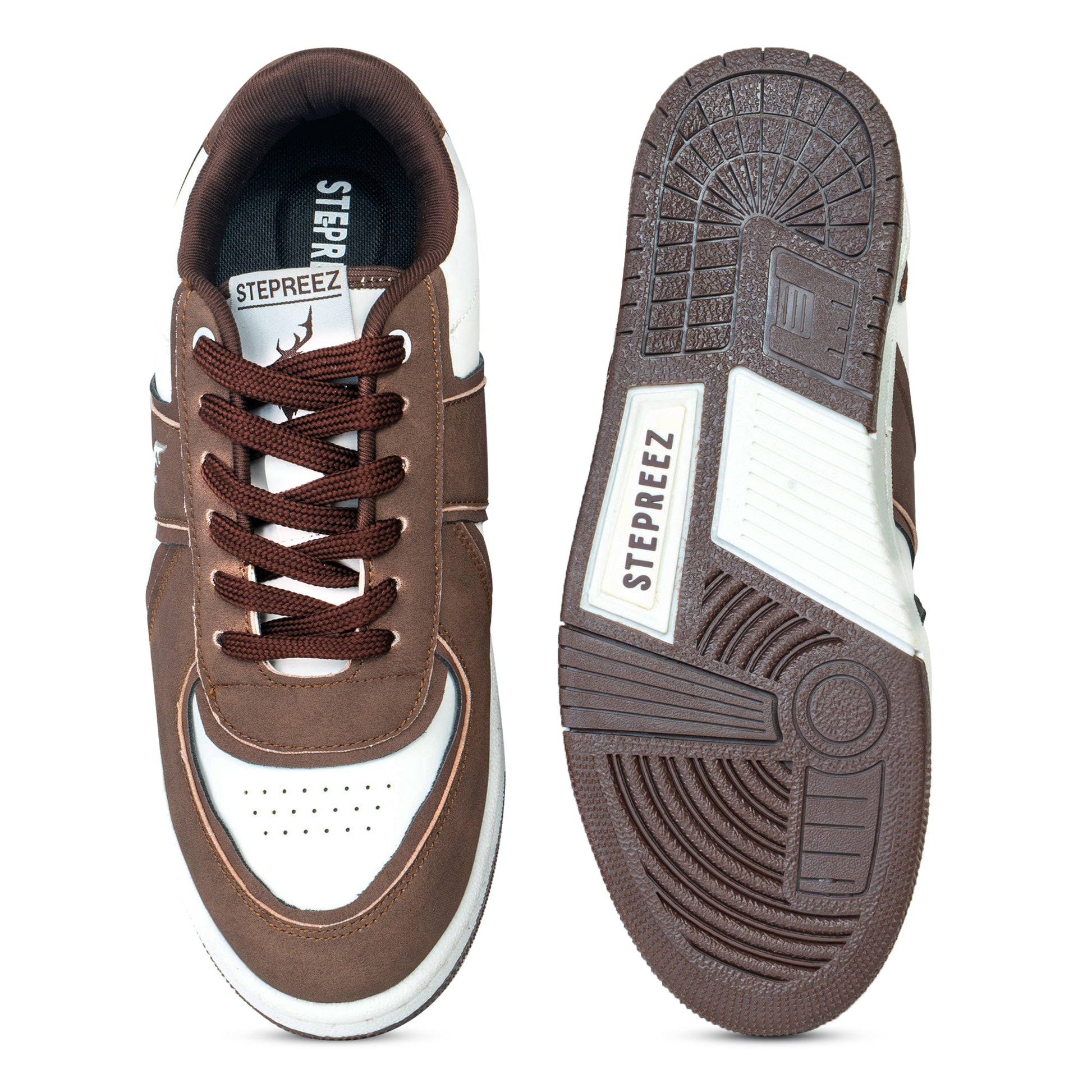Top and sole view of brown low-top shoes with lace-up closure, padded insole, and textured rubber outsole
